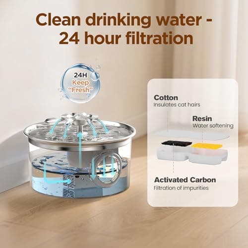 Stainless Steel Cat Water Fountain: 88oz/2.6L Ultra Quiet Pet Fountain with Flower Kitty Spout & LED Blue Light Water Dispenser with Water Level Window for Cats/Dogs Indoor (Silver) - IHOUONE 8