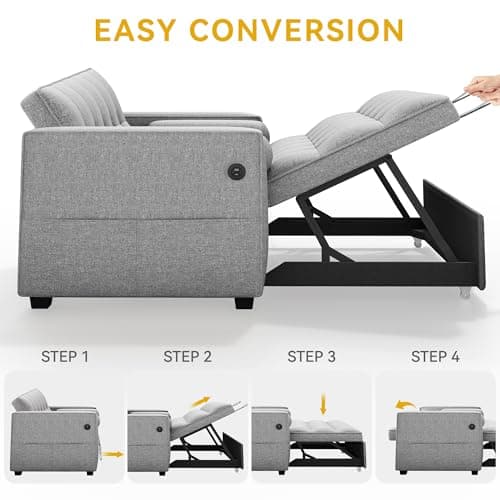 YITAHOME 3-in-1 Convertible Sleeper Sofa Bed, Folding Futon Couch with Pullout Bed, 5-Level Backrest, USB Ports, Storage Pockets, and Pillows, Modern Lounge Furniture for Living Room (Light Gray) 6