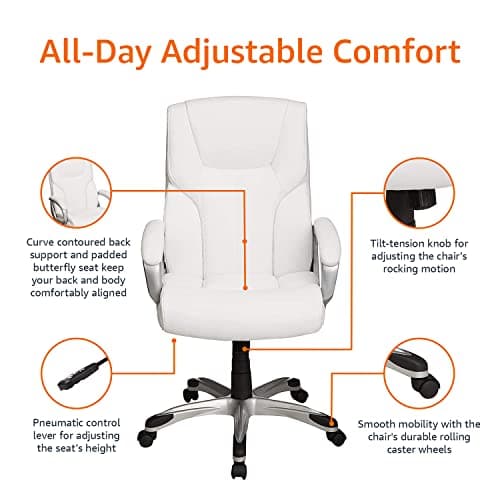 Amazon Basics Executive High Back Office Desk Chair, Adjustable Height, Tilt, Swivel, 275lb Capacity, Bonded Leather, White/Pewter 6