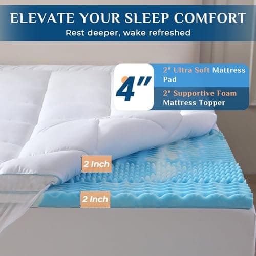 JOLLYVOGUE Memory Foam Mattress Topper Queen Size, 4 Inch Dual Layer Mattress Pad, 2 Inch Gel Memory Foam Plus 2 Inch Down Alternative Pillow Top Cover with 8-21 Inch Deep Pocket, Medium Support 5