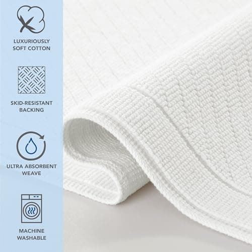 Arkwright 100% Cotton Bathroom Rug - High Absorbent Stylish Textured Woven Design Bath Mat, Slip Resistant Backing for Shower and Bathtub Floor, 20x32 in - White 3