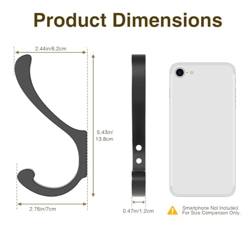 Coat Hooks for Hanging Heavy Duty - Extra Large (5.4 inch) Wall Mount Hooks for Backpacks, Purses, Clothes, Towels, Bags - Black Metal Screw-in Hooks for Mudroom, Closet, Door, Bathroom - 4 Pack 7