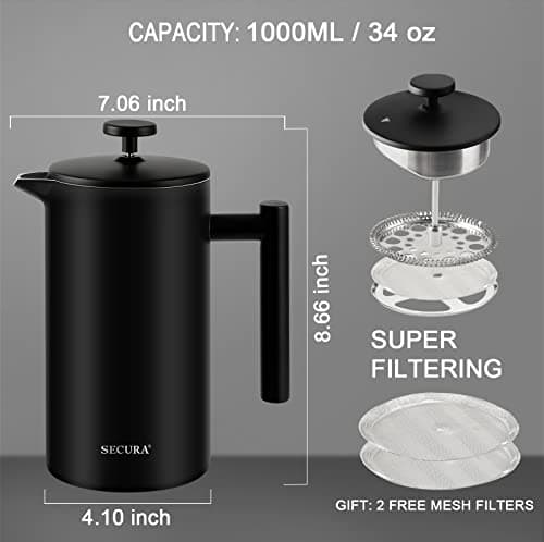 Secura French Press Coffee Maker, 304 Grade Stainless Steel Insulated Coffee Press with 2 Extra Screens, 34oz (1 Litre), Black 3