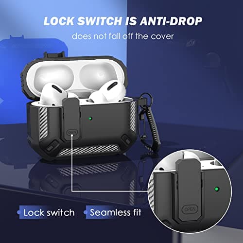 RFUNGUANGO for AirPods Pro Case Cover with Cleaner Kit, Military Hard Shell Protective Armor with Lock for AirPod Pro Charging Case, Front LED Visible,Black 2