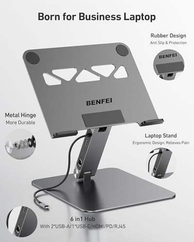 BENFEI Laptop Stand with USB C 6in1 Docking Station, HDMI 4K@60Hz,Gigabit Ethernet, 100W Power Delivery, 10Gbps 1*USB C 3.2 and 2*USB A 3.2 Compatible with MacBook Pro/Air, iPad Pro, XPS, Thinkpad 7