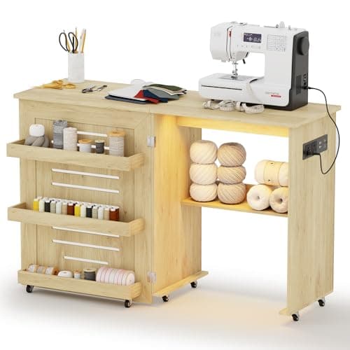 Lvifur Folding Sewing Table - with Storage, Lighted Sewing Cabinet with Charging Station, Farmhouse Sewing Desk with Motion Sensor Lights, Cutting Table with 3 Storage Trays,6 Wheels,Natural