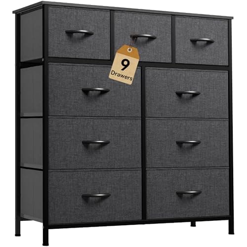 DWVO 9 Drawers Dresser for Bedroom, Fabric Storage Tower for Living Room, Entryway - Sturdy Steel Frame, Wooden Top & Easy Pull Fabric Bins