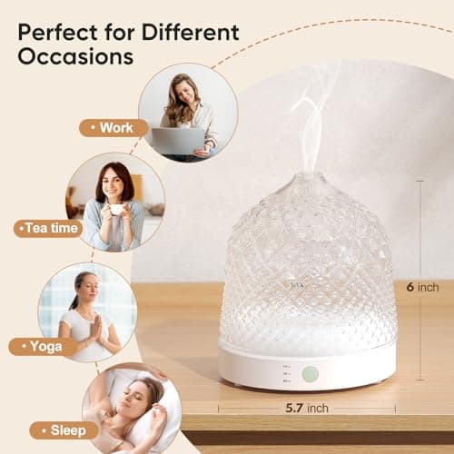 Lecdura Glass Essential Oil Diffuser, 200ml Ultrasonic Aroma Diffusers with Glass Reservoir Dome & White Plastic Base Lock Color Auto-Off Timer 7 Color Light for Home Office Bedroom Yoga 7