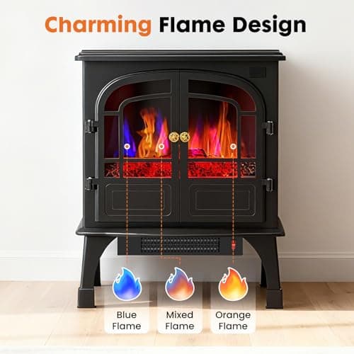 Sweetcrispy Freestanding Electric Fireplace Heater, 26”Two Door Fireplace with 3D Flame Effect, Overheating Safe Design, Energy Saving Space Heater with 12H Timer&Remote for Living Room, Bedroom,Black 7