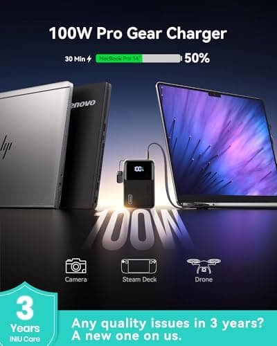 INIU 100W Power Bank, Mini Size 25000mAh High Capacity Laptop Portable Charger, USB C in&Out Tablet Powerbank, Smart Digital Display Phone Charger for iPhone 17 16 15, Samsung, iPad, MacBook, Laptop 8