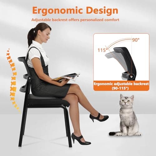 CLATINA Stackable Waiting Room Chair with Adjustable Mesh Backrest, Armless Office Guest Reception Chairs with Leather Cushion and Ergonomic Lumbar Support for Conference Lobby Side School, Black, 2PK 5