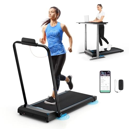 GYMAX Under Desk Treadmill, 3 in 1 Walking Pad Treadmill with 340LBS Capacity, App Control, LED Monitor & Wheels, 2.5 HP Small Folding Running Machine for Home Office Walking Jogging (Blue)