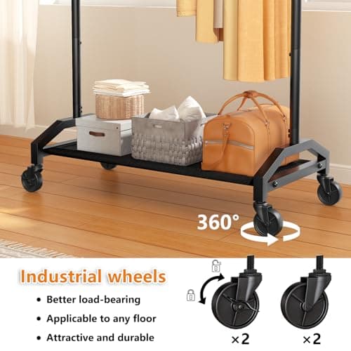 Wiracks Clothes Rack Clothing Racks for Hanging Clothes Heavy Duty Clothes Rack Hanger Rack 200lbs Capacity Industrial Wheels 1" Pipe,Rolling Garment Rack Portable Clothes Rack Black 8