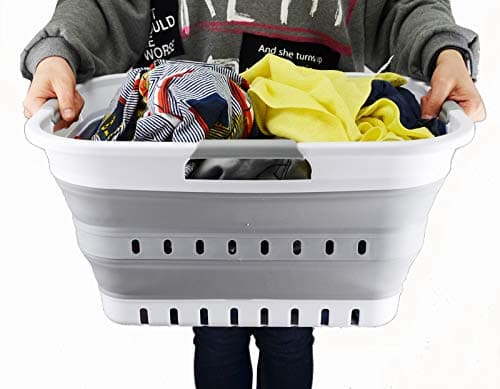 SAMMART 30L (8 gallon) Collapsible 3 Handled Plastic Laundry Basket - Foldable Pop Up Storage Container/Organizer - Space Saving Hamper/Basket (White/Grey) 7