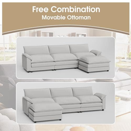 JUMMICO 119” Sectional Sofa Modern Deep Couch with Reversible Ottoman, L-Shaped Chenille Fabric Modular Sofa Sleeper Comfy for Living Room/Bedroom/Apartment (White, L Shaped Sofa) 6