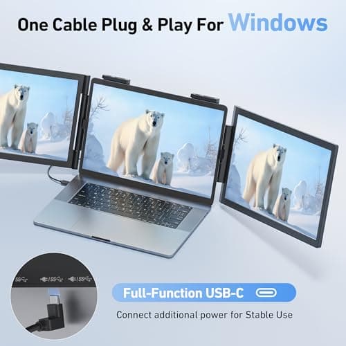 Pornitor Laptop Screen Extender, 14’’ FHD 1080P Triple Portable Monitor for Laptop with Ultra-Slim IPS Display, USB-C Plug and Play Multi Screen Attachment for 14"-15.6" Laptops 4