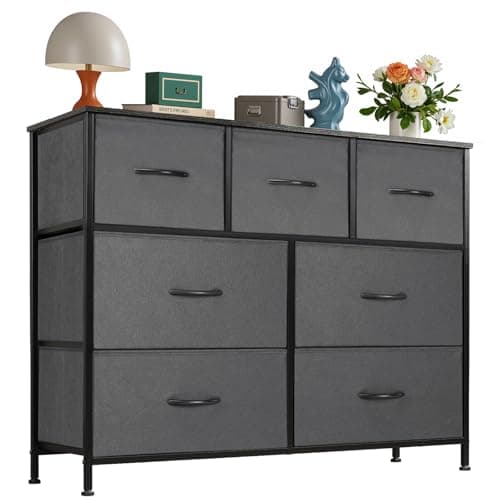 OLIXIS 7 Drawers Dresser for Bedroom, Fabric Storage Tower for Living Room, Entryway - Sturdy Steel Frame, Wooden Top & Easy Pull Fabric Bins, Closet Chests Organizer for Clothes, Classic Grey