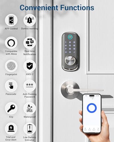 Keyless Entry Smart Door Lock - TEEHO TE217 Fingerprint WiFi Keypad Deadbolt for Front Door, Built-in Wi-Fi Smart Deadbolt, APP Remote Control, BHMA Grade B, IP65 Weatherproof 5