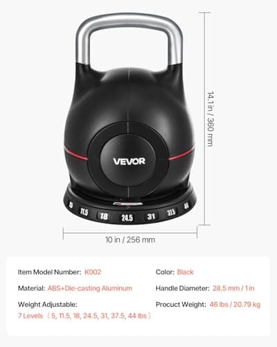 VEVOR Kettlebell, Adjustable Kettlebell with 7 Weight Levels (5, 11.5, 18, 24.5, 31, 37.5, 44 lbs), Die-Cast Aluminum and ABS Material, for Grip Strength Training, Full-body Workout & Cross-Training 7