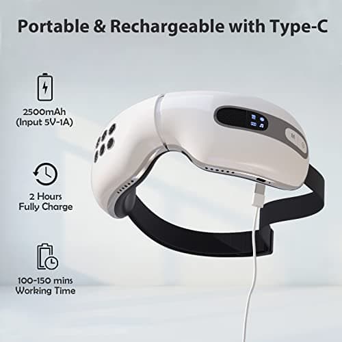 fmlave Eye Massager with Heat and Cooling for Migraines, Dry Eyes, Dark Circles, Rechargeable Bluetooth Music Cold Heated Eye Massager Improve Sleeping - Gifts for Women and Men (White) 5