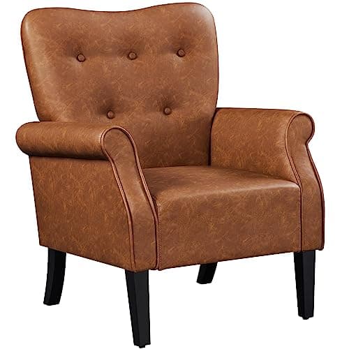 Yaheetech Modern Armchair, Mid Century PU Leather Accent Chair with Sturdy Wood Legs and High Back for Small Space, Upholstered Sofa Club Chair for Living Room/Bedroom/Office, Retro Brown
