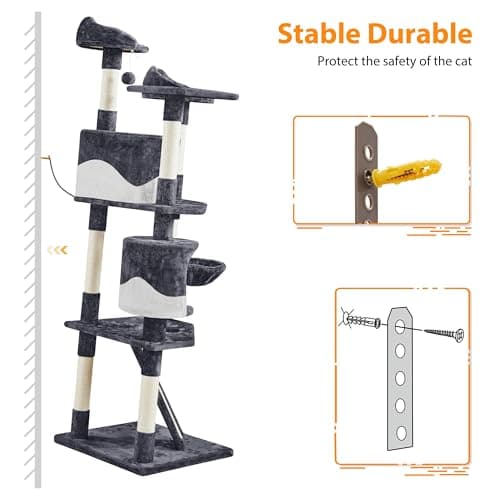 Yaheetech 79in Multi-Level Cat Trees Indoor Cat Tower with Sisal-Covered Scratching Posts, Plush Perches and Condo for Kittens, Cats and Pets - Dark Gray and White 7