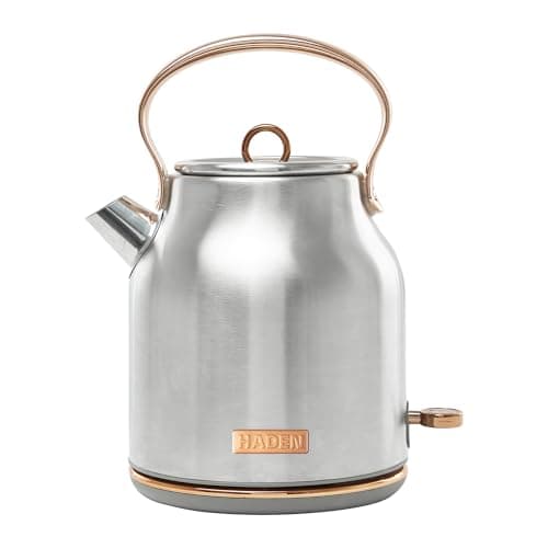 Haden Heritage 1.7 Liter Stainless Steel Electric Kettle, Hot Water Kettle with 360-Degree Base and Auto Shutoff, Steel & Copper