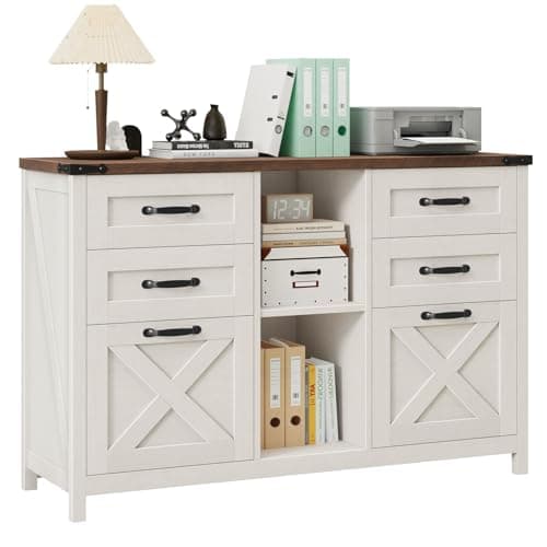 Lateral File Cabinet with 6 Drawers, Farmhouse Filing Cabinet for Letter/A4 Size, Wood File Storage Cabinets Printer Stand with Open Storage Adjustable Shelf for Home Office Cabinets, White and Brown 8