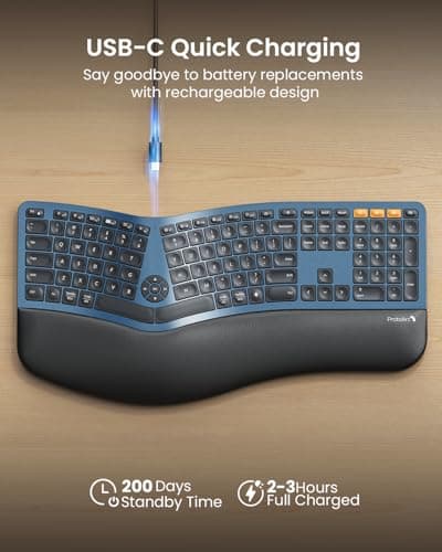 ProtoArc Backlit Bluetooth Ergonomic Keyboard, EK01 Plus Full Size Wireless Split Keyboard with Dual Bluetooth and USB, Cushioned Wrist Rest, Rechargeable, Compatible with Windows/Mac/Android, Blue 6