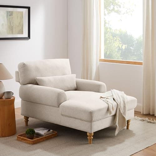 Condemo Modern Chaise Lounge Chair with Adjustable Backrest, Upholstered Indoor Leisure Sofa Recliner, Oversized Accent Chair Deep Seat Reading Armchair for Living Room, Bedroom, Office, Smoke White