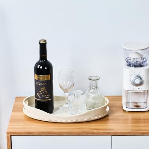 Beige Travertine Marble Serving Tray with Handles - 14x10 inches, Beaded Oval Decorative Tray, Countertop Ottoman Tray for Vanity, Living Room Entryway Table, Perfume Candle Display 9