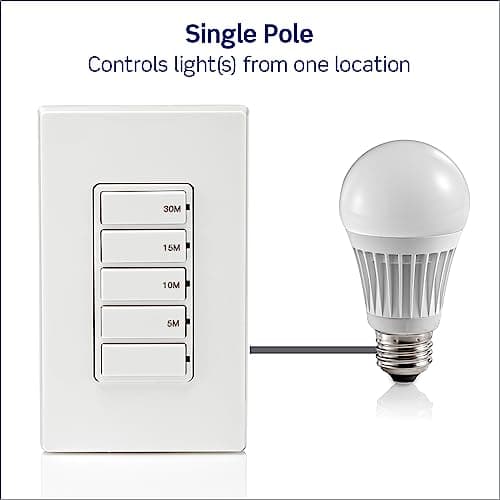 Leviton Countdown Timer Switch for bathroom fan and household lights, 5-10-15-30 min, No Neutral Required, Single Pole, 15A, 1/2 HP/9.8A Fan/Motor, DT130-1LW, White 9