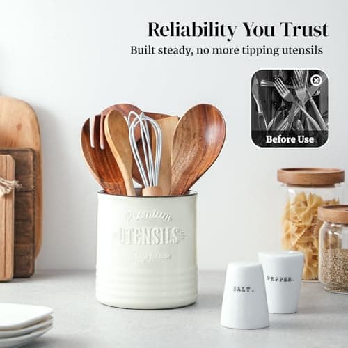 DOWAN 7.2″ Extra Large Kitchen Utensil Holder, Farmhouse Utensil Holder for Countertop, Ceramic Utensil Crock with Protection Cork Mat, Utensil Organizer for Kitchen Decor & Housewarming Gift, White 6