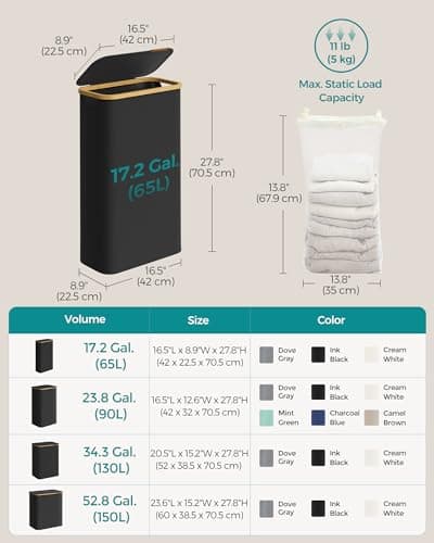 SONGMICS Laundry Hamper with Lid, Slim Laundry Basket, 17.2 Gallons (65L), Space-Saving, Removable Mesh Liner, Bamboo Handles, Collapsible, 16.5 x 8.9 x 27.8 Inches, Ink Black ULCB506B01 6
