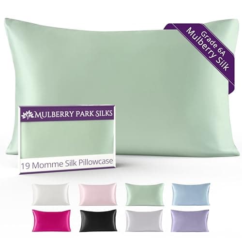 Mulberry Park 100% Silk Pillowcase - 19 Momme, Grade 6A Mulberry Silk - Hidden Zipper Closure - Green/Standard (20'' x 26'')