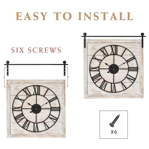 Vintage Barn Door Wall Clock - Distressed White Wash Finish, Large Rustic Farmhouse Wood Clock for Home, Wall and Farmhouse Décor, 24x23.6 Inches 7