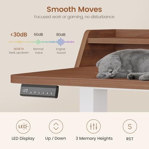 SEDETA Standing Desk with Storage, 55" Fluted Stand Up Desk with Power Outlets & LED Lights, Height Adjustable Table with Monitor Shelf for Home Office, Gaming, Brown + White 5