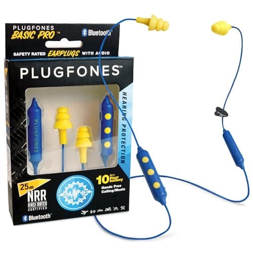 Plugfones Basic Pro Earplug Headphones Wireless Bluetooth in-Ear Earplug Earbuds 25 dB Noise Reduction Rating OSHA Approved Hearing Protection with Noise Isolating Mic and Controls (Blue & Yellow)