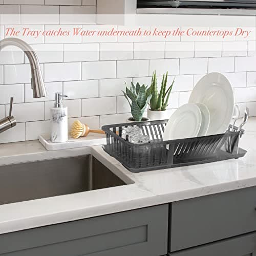 Kitchen Details Medium Dish Rack with Tray | Plastic | Dimensions: 18.50 X 11.02 X 3.54 Inches | 12 Plate | Kitchen Accessories | Cutlery Basket | Grey | Sink Accessories 3