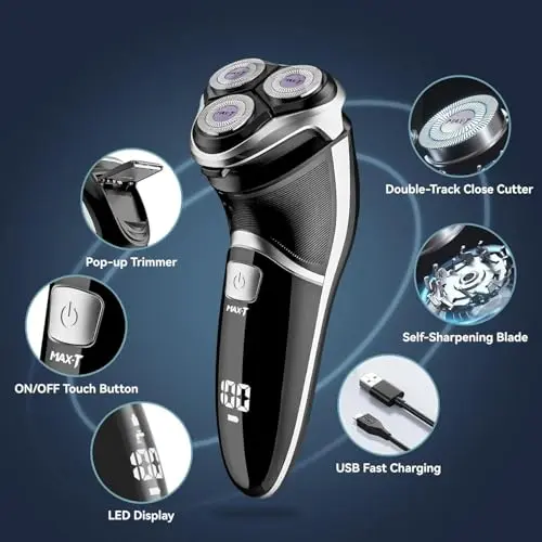 Men's Electric Shaver - MAX-T Corded and Cordless Rechargeable 3D Rotary Shaver Razor for Men with Pop-up Sideburn Trimmer Wet and Dry, IPX7 Waterproof, Plug & Play 8