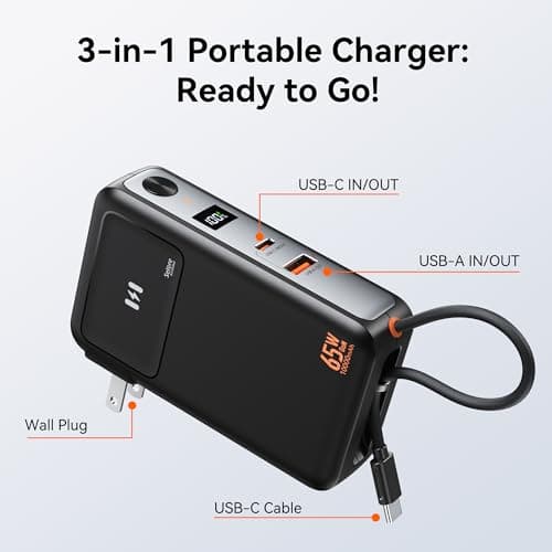 Selore&S-Global 3-in-1 Portable Phone Charger with Wall Plug, 10000mAh USB-C Power Bank with Built in Cable, 35W Portable Battery Pack for iPhone Samsung Android & 65W Wall Charger for Laptop MacBook 7