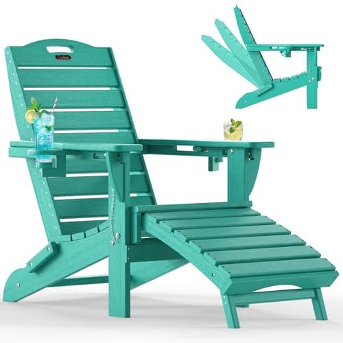 Ciokea Folding Adirondack Chair with Retractable Ottoman Fire Pit Patio Chair with Pull Out Foot Rest Weather Resistant Lawn Outdoor Lounge Chair with 2 Cup Holder (Lake Blue)