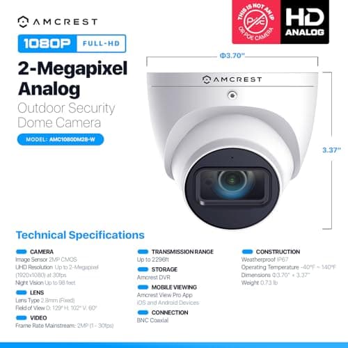Amcrest Analog Outdoor Security Camera Dome 2MP 1080P @ 30fps, Quadbrid, 129° FOV, White (Not an IP Camera) (DVR Required, Not Included) AMC1080DM28-W 5