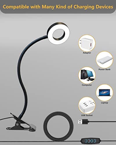 KOTUDAY Clip on Desk Lamp with Clamp for Reading Home Office, 360° Ajustable Clip Light for Bed Headboard, Bedside or Desk with 10 Dimmable Brightness 3 Eye-Care Color Modes 7