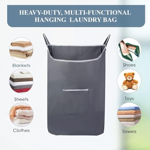 The Fine Living Co. X-Large Hanging Laundry Hamper with Over Door Hooks & Adhesive, Durable Space Saving Laundry Bag with Zipper and Wide Open Top,Hanging Dorm Laundry Hamper 20"x3.75"x31" (Gray-XL) 7