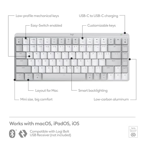Logitech MX Mechanical Mini for Mac Wireless Illuminated Keyboard, Low-Profile Performance Switches, Tactile Quiet Keys, Backlit, Bluetooth, USB-C, Apple, iPad - Pale Grey 7
