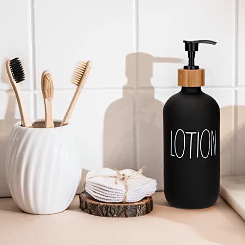 Soap Dispenser Bathroom Set, Hand Soap and Lotion Dispenser Set with Tray for Bathroom, Black and White Bathroom Decor Modern Farmhouse Decor Kitchen Art Dish Soap Holder (Black & White) 8