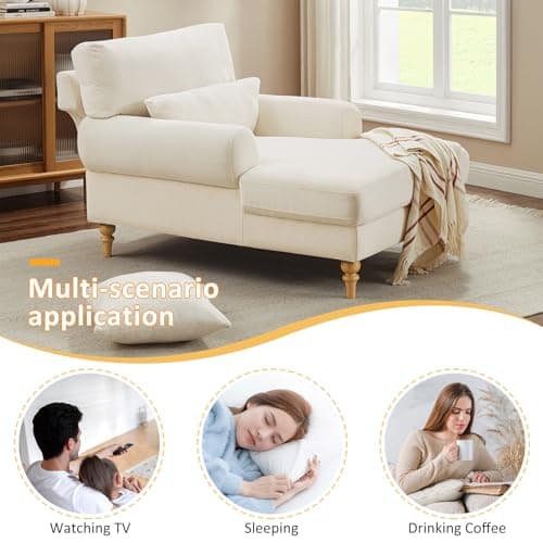 Condemo Modern Chaise Lounge Chair with Adjustable Backrest, Upholstered Indoor Leisure Sofa Recliner, Oversized Accent Chair Deep Seat Reading Armchair for Living Room, Bedroom, Office, Beige White 7