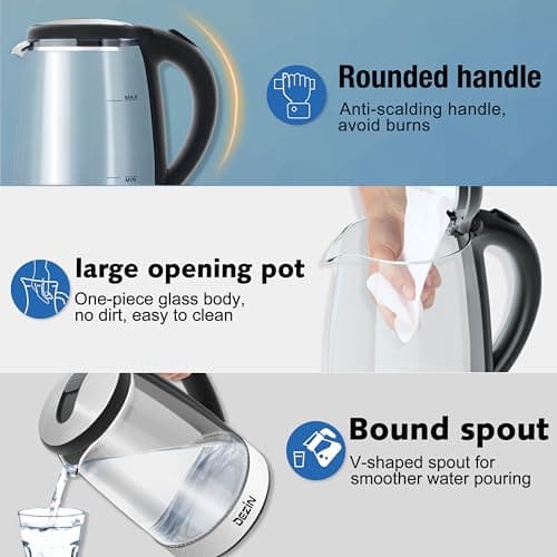 Dezin Electric Kettle, BPA-Free 2L Electric Water Heater, Glass Electric Tea Kettle, 304 Stainless Steel Hot Water Kettle Warmer with Fast Boil, Auto Shut-Off & Boil Dry Protection, for Coffee, Tea 7