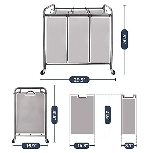 STO STO Laundry Sorter 3 Section, 3 Bag Clothes Hamper, Rolling Laundry Cart Basket with Heavy Duty Lockable Wheels and Removable Bag for Laundry Room, Bedroom, Closet, Gray 6